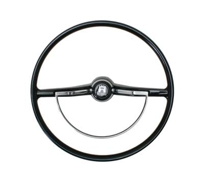 West Coast Metric - STEERING WHEEL, VINTAGE STYLE, BLACK WITH HORN BUTTON AND RING, BUG & GHIA 1974-79