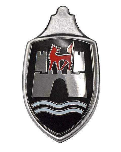 West Coast Metric - EMBLEM, FRONT HOOD WITH BASE AND BLACK BACKGROUND *GERMAN*  BUG 1960-63 (1963 up to VIN # 5010447)