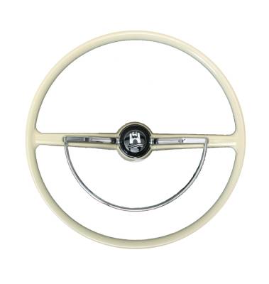 STEERING WHEEL, VINTAGE STYLE, IVORY WITH HORN BUTTON AND RING, BUG & GHIA 1974-79